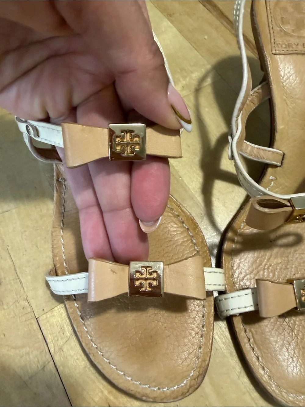 Tory Burch Two-Tone Tan and White Bow Leather Slingback Sandals
